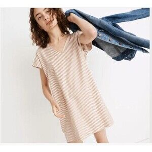 Madewell Button Back Easy Dress Size XXS Camel Tan White Striped Tunic Loose